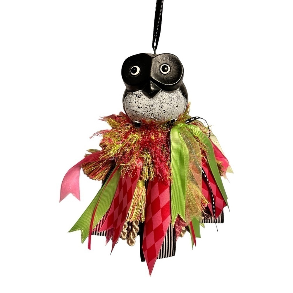 Whimsical Owl tassel hanging decor black-white pink green purple ribbons/beads.